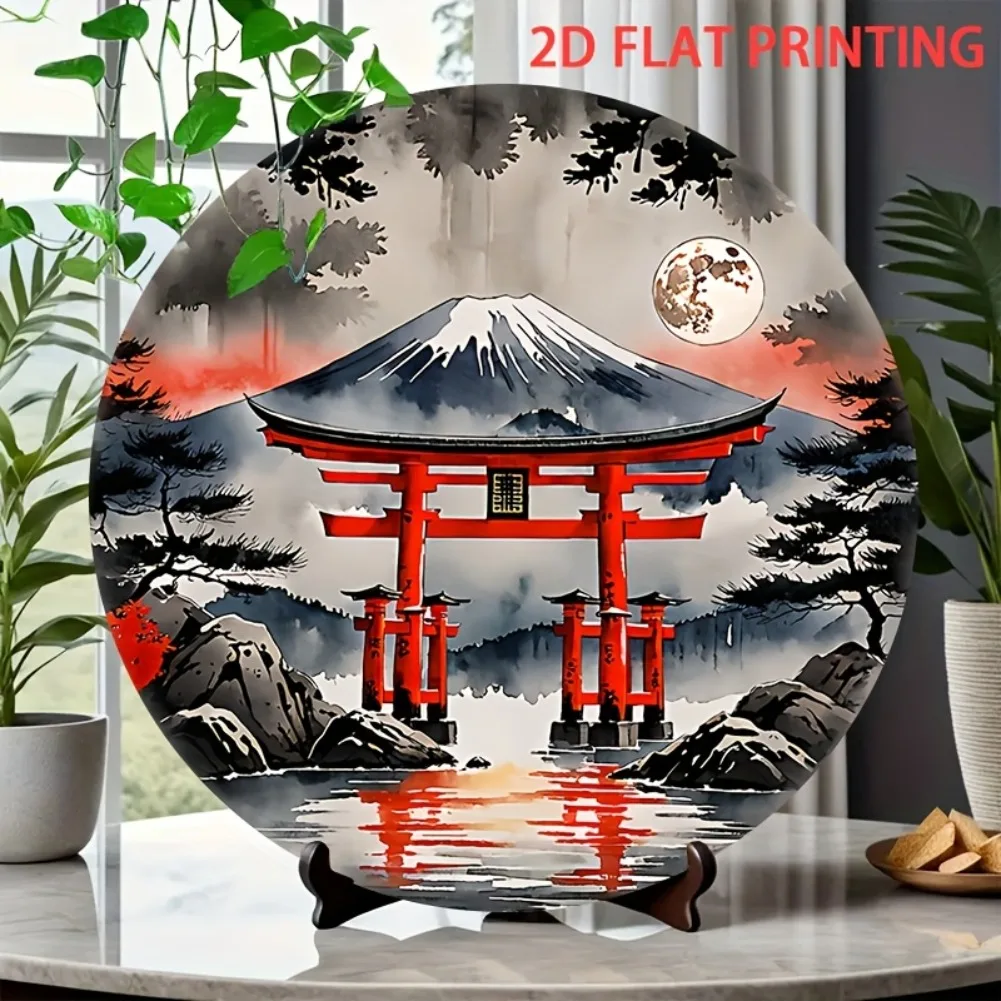 2D Flat, 1pc Mount Fuji with Red Torii Gates & Full Moon Round Wrought Iron Wall Art - 2D Flat Printed Japanese Landscape Decor