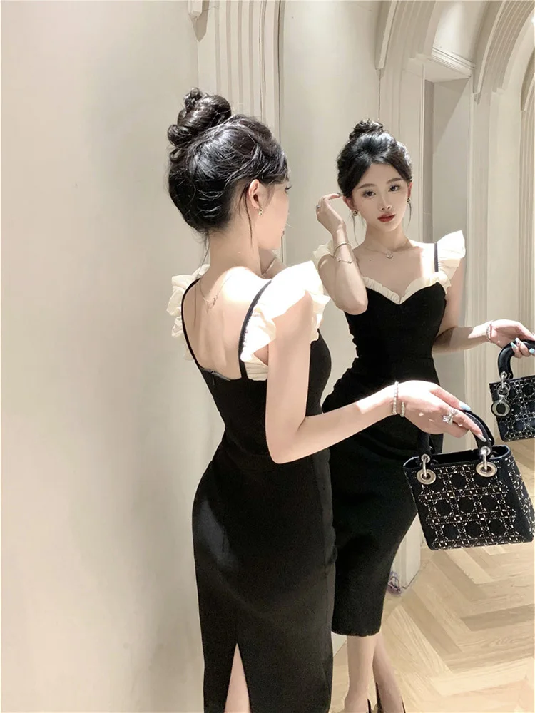 Fashion Dress Women Summer Fungus Edge Flying Sleeve Waist Slim Split Long Dresses French Retro Elegant Evening Robe