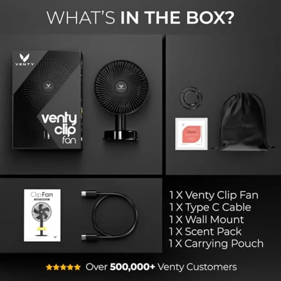 Portable Clip Fan for stroller, desk or bedside use; ABS plastic, black; 360 rotation, 90 tilt, aromatherapy diffuser, LED ligh