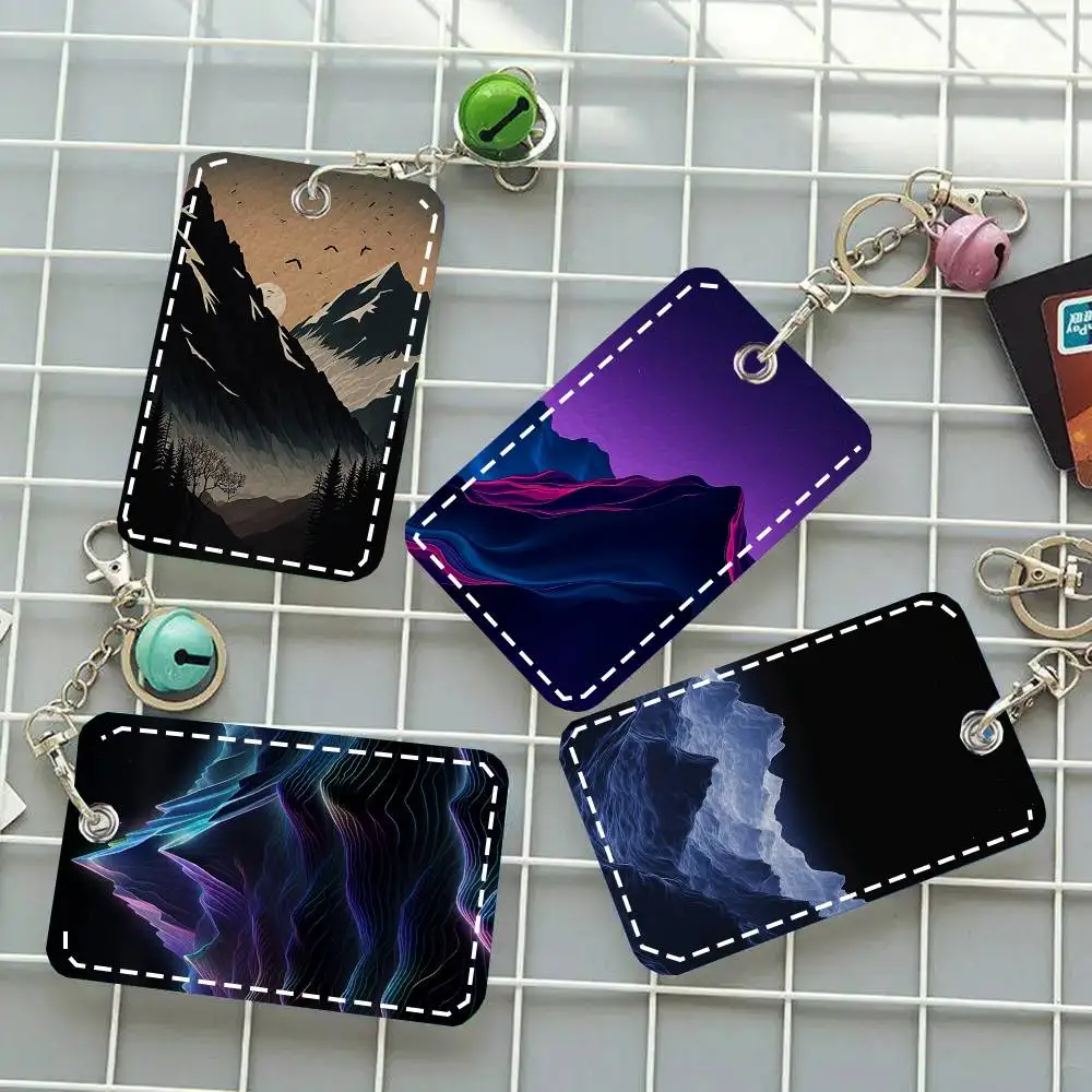 Colorful Snow Mountain Card Case Keychain Access Card Bag Key Tag Ring Leather Card Holder Key Ring Access