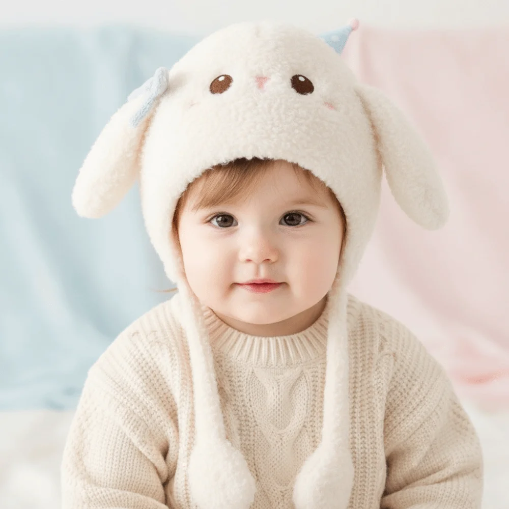 Fleece Toddler Earflap Hat Thermal Windproof Plush Kids Beanie Long-eared Thickened Cartoon Fluffy Caps Newborns
