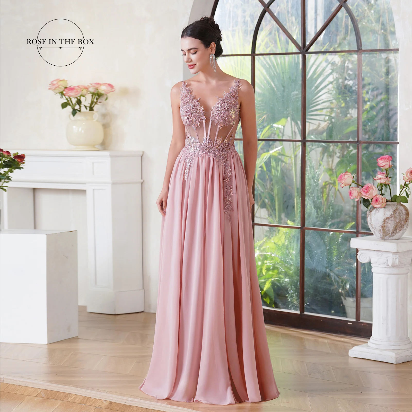 Dusty Pink Chiffon Prom Dresses Elegant Applique Spaghetti Straps Fish Bone Illusion Evening Formal Party Gown Vestido De Fiesta