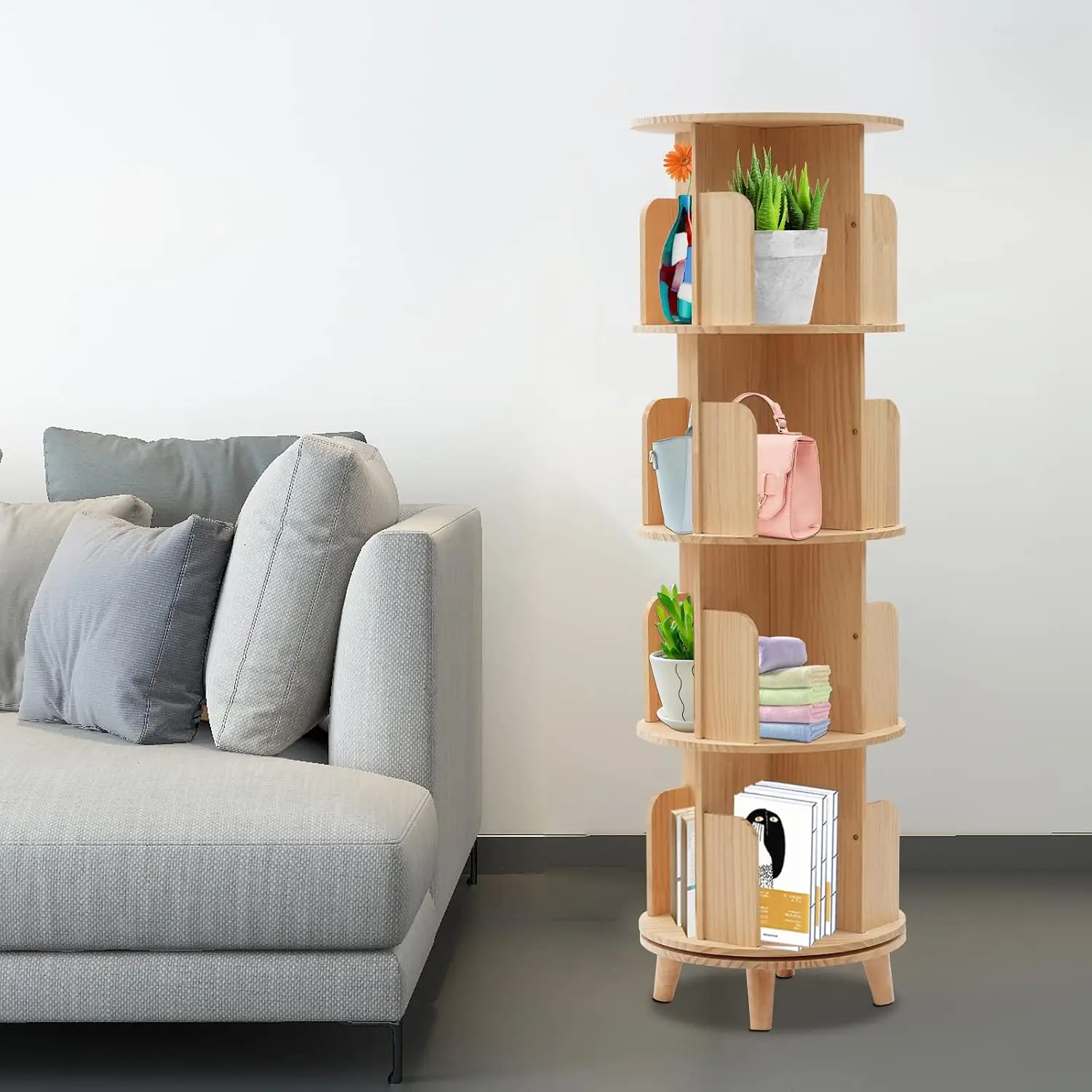 4-Tier Rotating Bookshelf 360 Display Floor Rack Kids Adults Organizer Spinning Tower Wood Bookcases, Customized