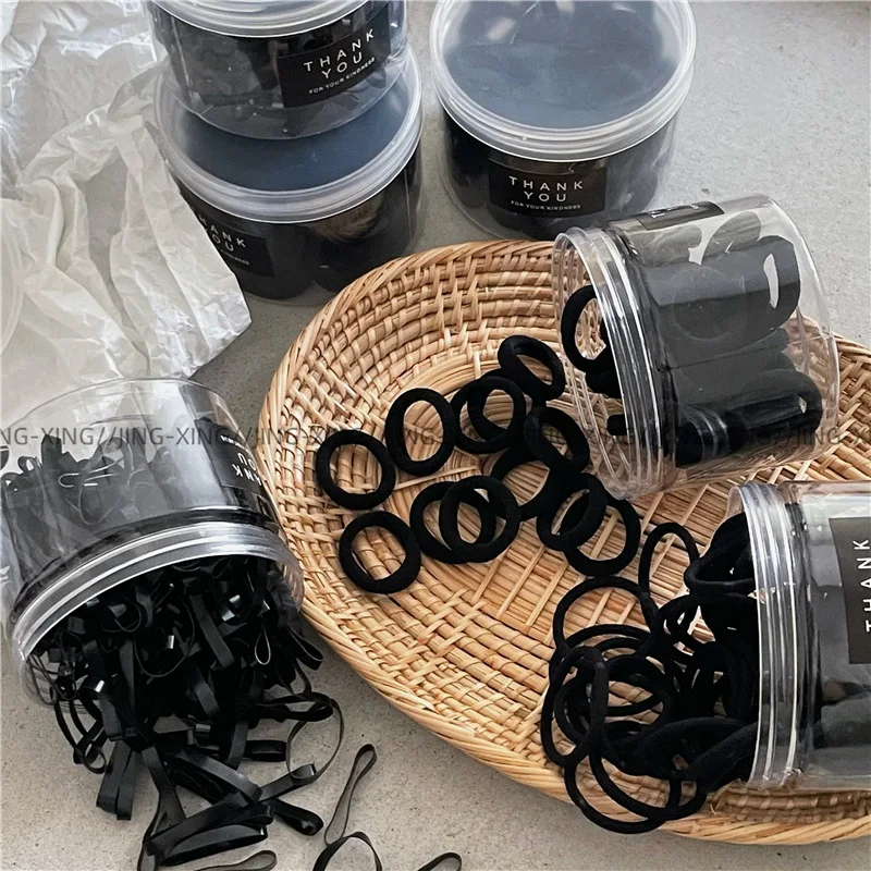 

Большие черные одноразовые резинки для волос в банке, мини-резинки для волос, высокоэластичные, для ежедневного использования, аксессуары для волос для женщин и девочек
