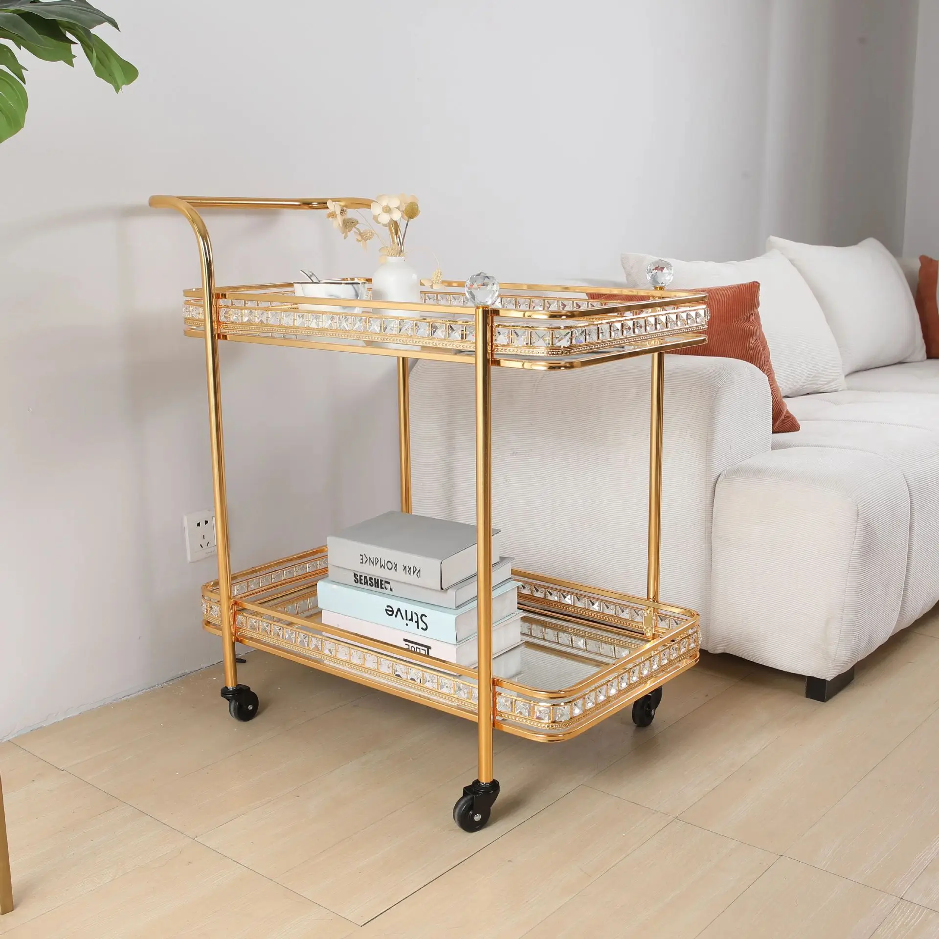 

European five-star hotel crystal column metal dining car two-layer glass golden wedding dining car wine cart movable