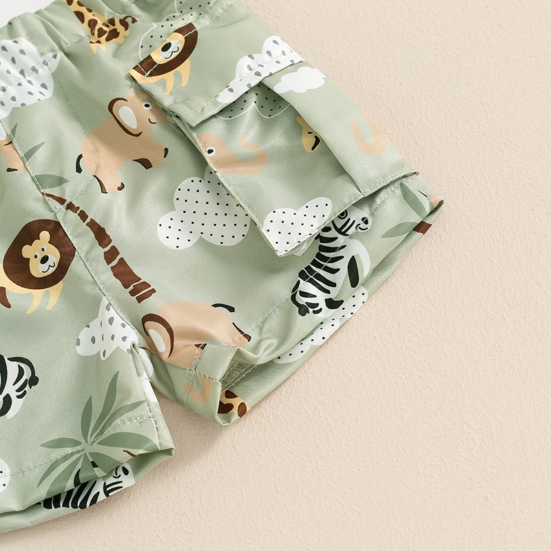 Baby Clothing Boy 2 Piece Animal Print Lapel Neck Short Sleeve Romper Elastic Waist Cargo Shorts Set Infant Toddler Clothes