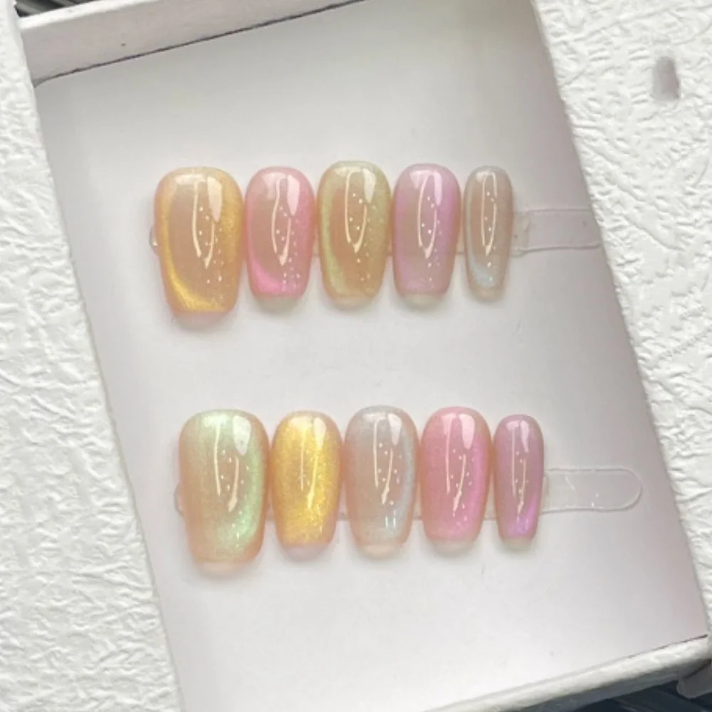 10pcs Finished Handmade False Nails Wearable Colorful Cat's Eye Tips Short Square Fake Nail Glitter Design Blush Press on Nails