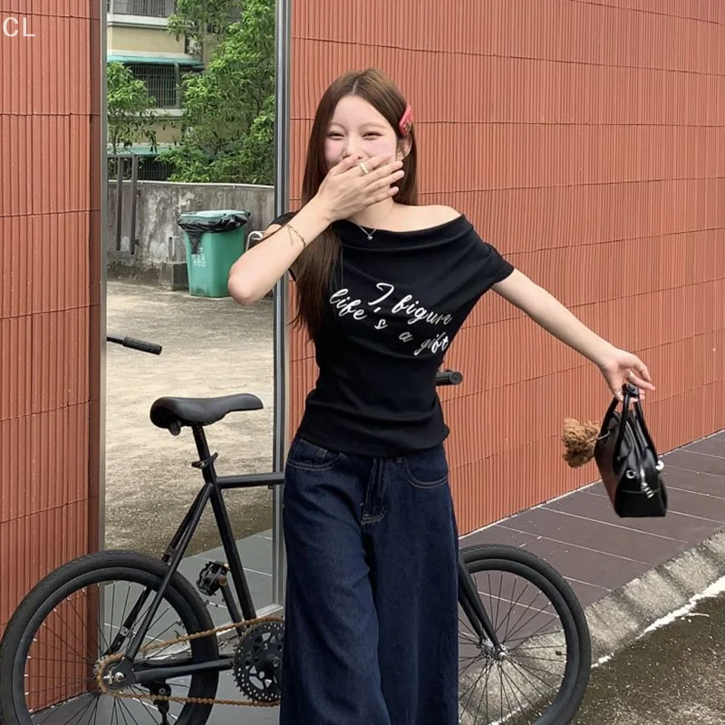 

Korean Ins Summer Hot Girl Sexy Chic Letter Print Off-shoulder Short Sleeve Slim T-shirt