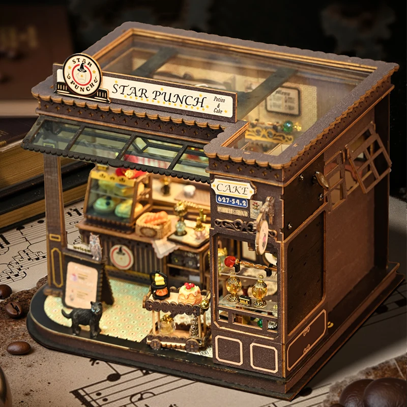 

Figurines Miniatures Kits Magic Coffee Shop Cottage DIY Wooden Assembled Houses with Light for Friends Gifts Home Decor Crafts
