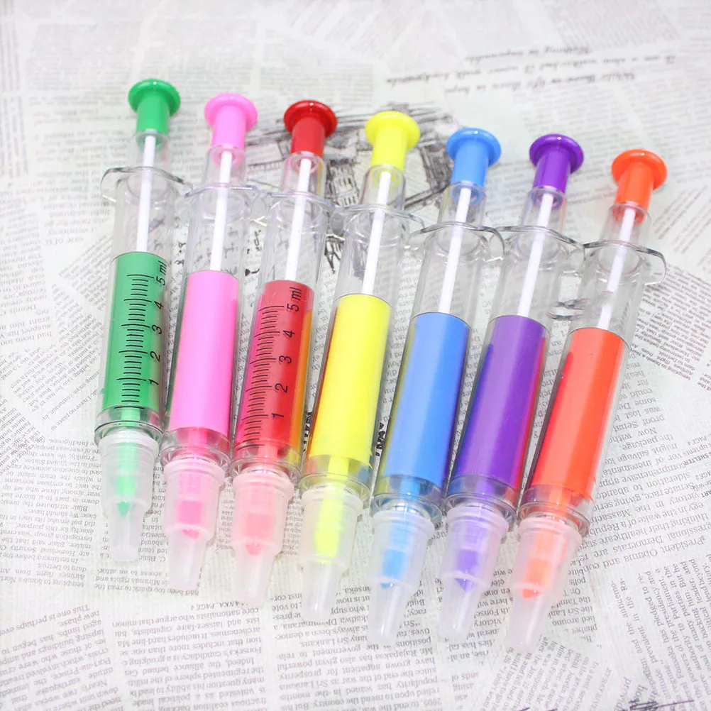 6 szt. Zakreślaczy w kształcie strzykawek, jaskrawe kolory, pisze gładko, szeroka końcówka, dla uczniów, nauczycieli, pielęgniarek, do użytku biurowego.