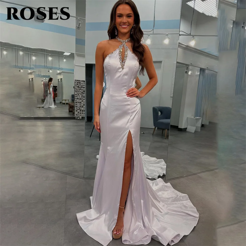 

ROSES White Prom Dress Halter Neck Celebrity Dresses with Crystal Cut Out Women's Evening Dresses for Gala Trumpet Customized
