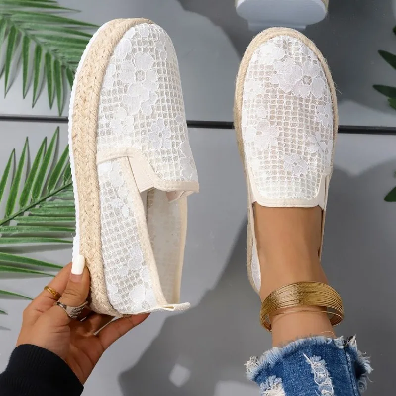Flax Oriental retro breathable Loafers Faux pearls detail espadrille flats Simple mesh canvas women shoes