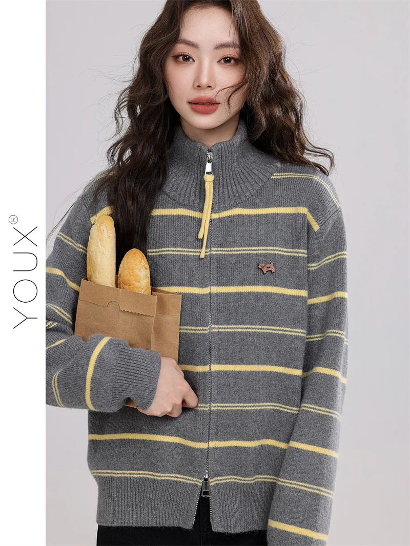 Women Striped Knit Cardigan High Neck Zip Up Sweater Jacket Loose Casual Long Sleeve Knitted Coat Winter Commuter Outfit