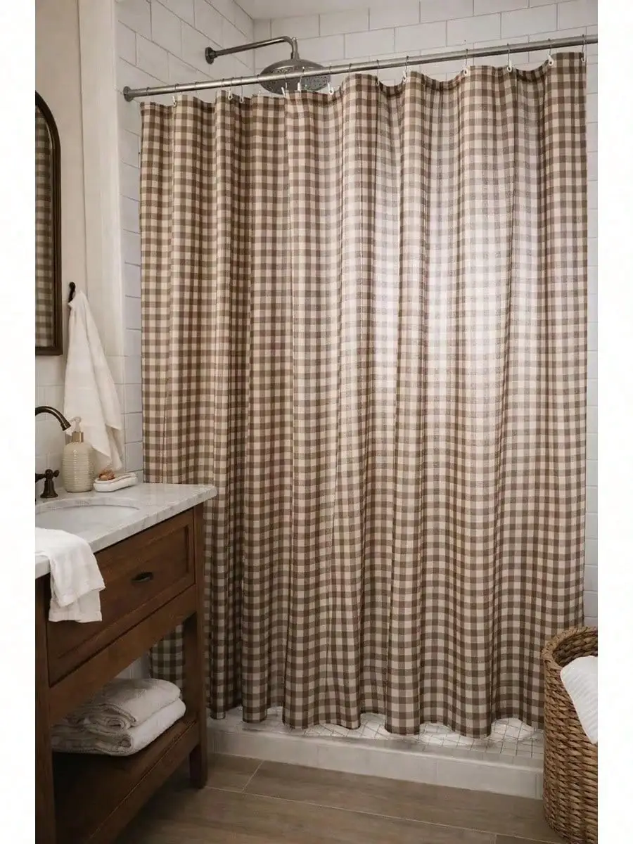 1pc Brown Gingham Shower Curtain, Neutral Farmhouse Bathroom Decor, Country Cottage Style, Soft Polyester Fabric, Machine Washable, Bathroom Decor And Accessories, Gifts For Christmas, Halloween, Birthdays, Housewarming