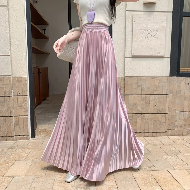 Women Fashion High Waist Pleated Solid Color Mid-calf Lengt Skirt All-match chiffon Clothing Lady Casual Stretchy Thicken Skirts