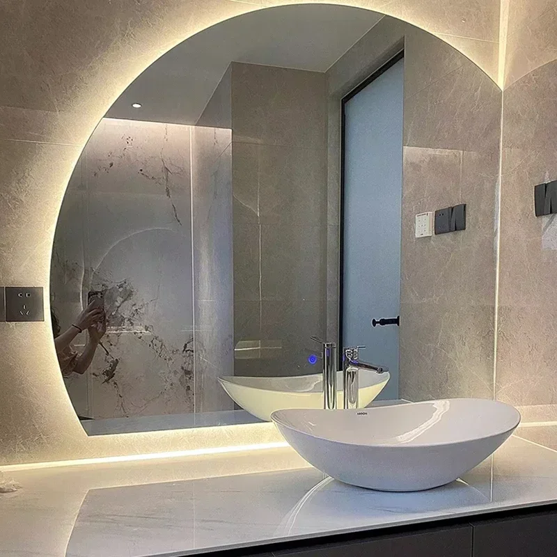 Modern Semicircular Mirror for Bathroom Large Size Touch Screen LED Light Bath Mirrors Simple Creative Glass Mirrors for Hotel