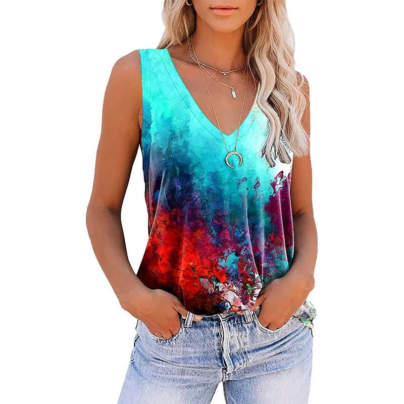 Summer Tie Dye 3D Print Tank Tops Women V-Neck Sleeveless Camisoles Off Shoulder Vest Woman Y2k Top Streetwear Female Clothing