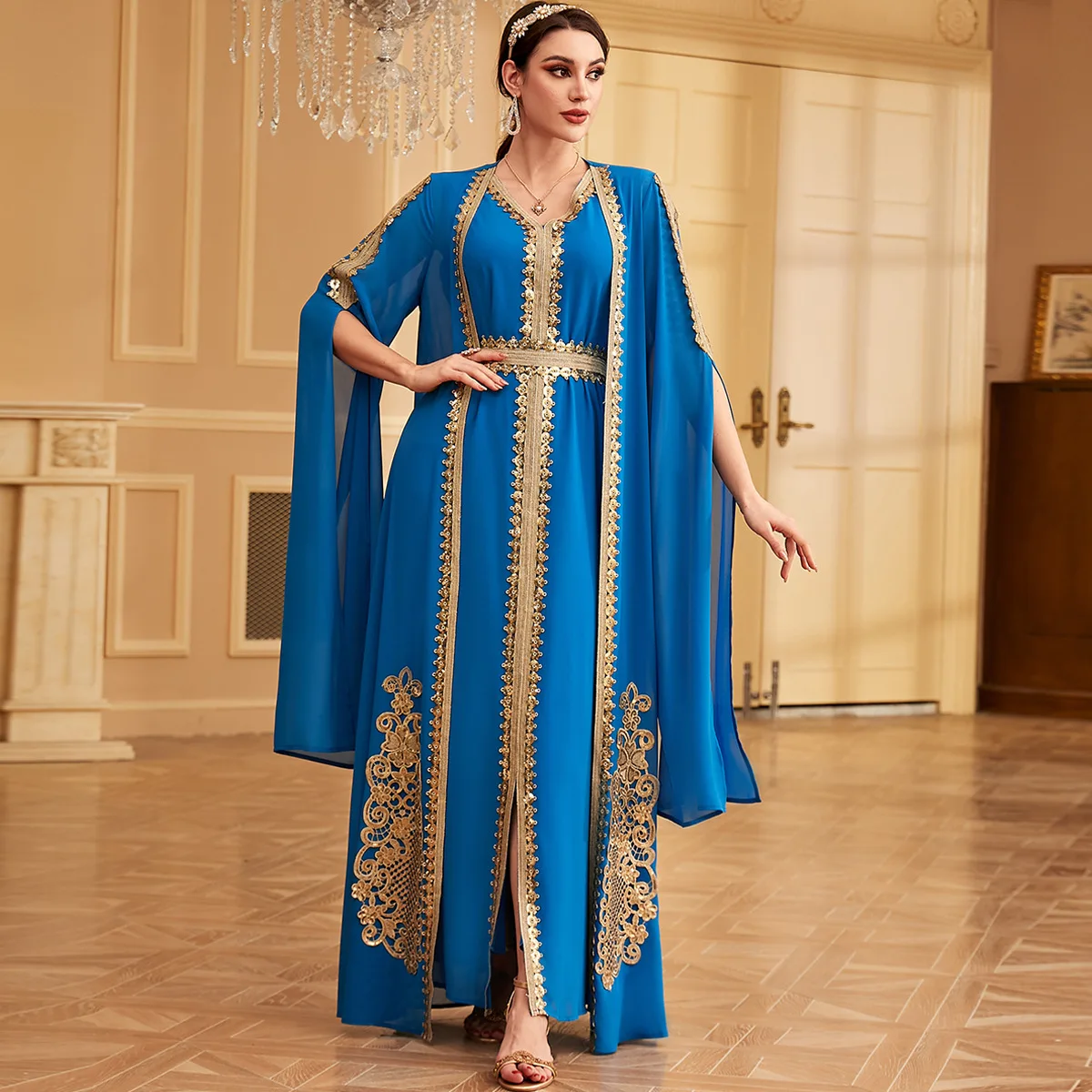 Médio oriente árabe muçulmano nova moda feminina bordado casual na moda solto elegante 2 peça define cardigan casaco vestidos femininos