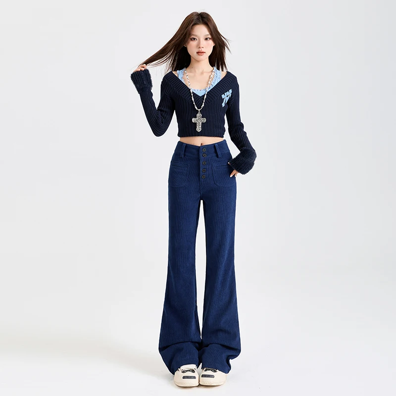 Francuskie spodnie retro z ciemnoniebieskiego sztruksu, lekko rozszerzane, dla kobiet na jesień i zimę 2025, małe i ekskluzywne długie spodnie.