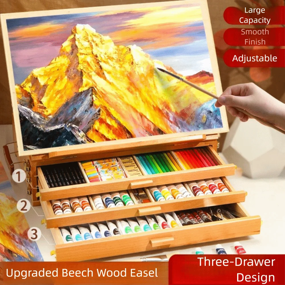 Adjustable Beech Wooden Table Easel Professional Multifunction Art Painting Easel Box Folding Oil Paint Sketch Drawer Box Travel