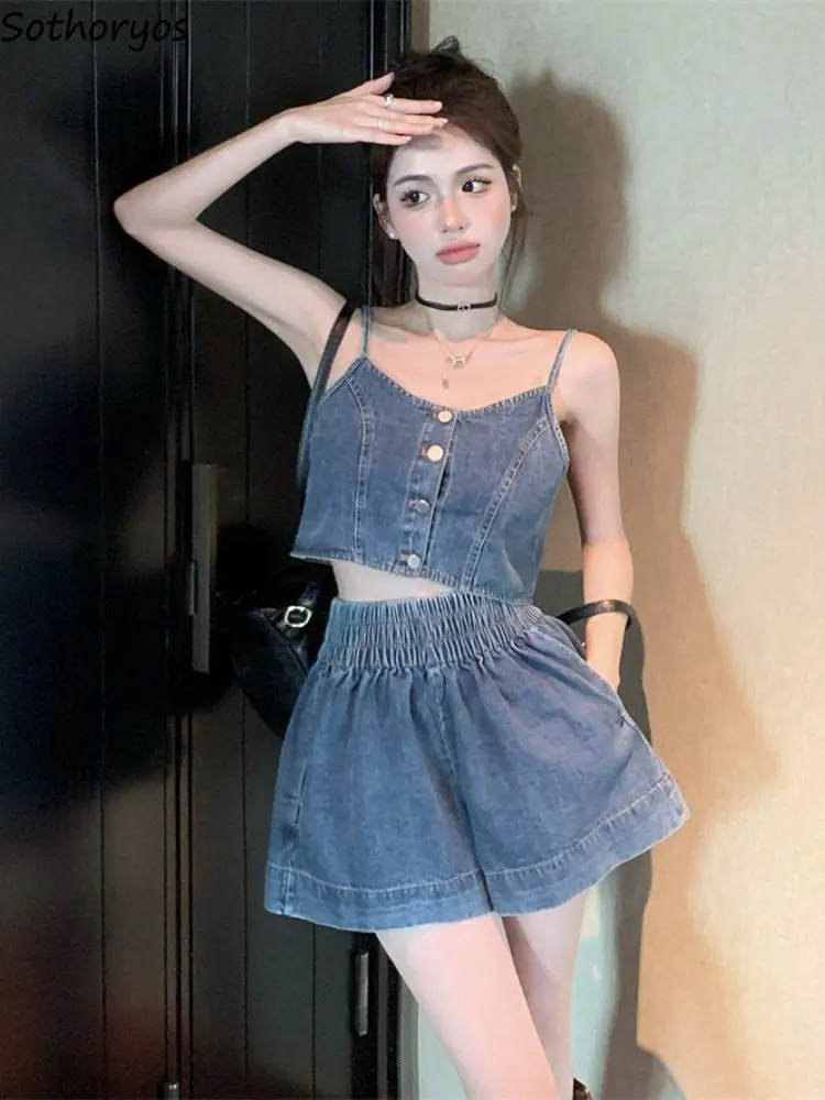 

Two Pieces Sets Women Vintage Cropped Sexy Denim Camisoles Leisure High Waist Shorts Fashion Summer Hotsweet Girls Clothes