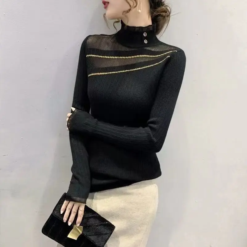 Women Autumn and Winter Fashion Korean New Upscale Half High Collar Lace Base Layers Solid Lace Spliced Sweater Long Sleeve Tops