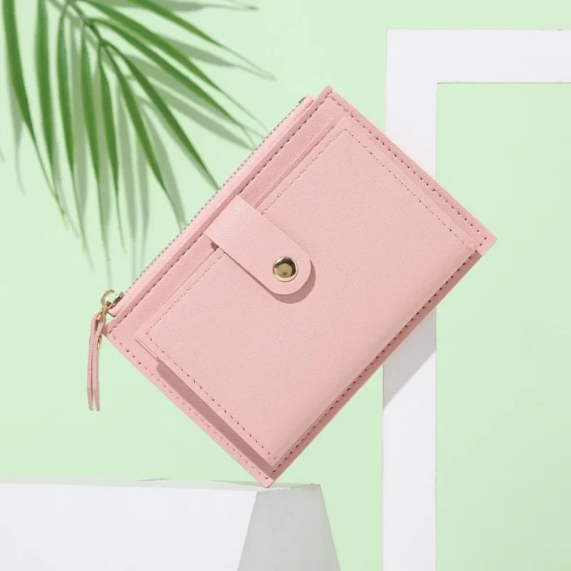 Cartera corta delgada para mujer, monedero plegable con cremallera para tarjetas de crédito, monedero de Color sólido, billetera multicapa de gran capacidad