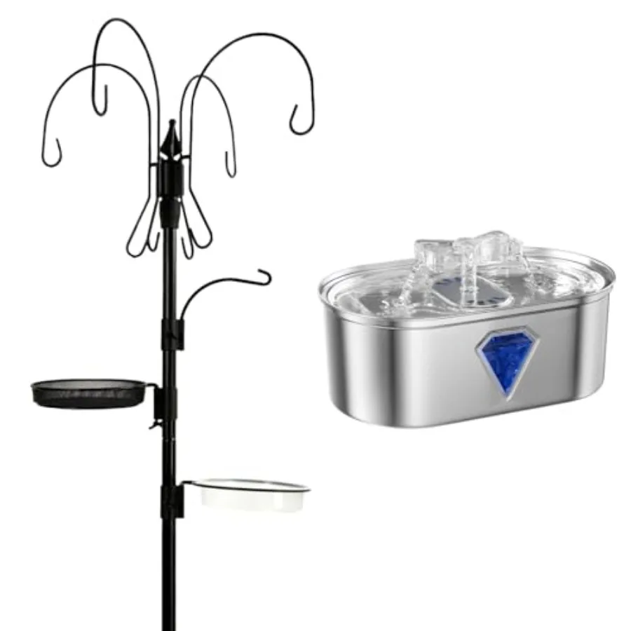 

Bird feeder pole and cat water fountain for outdoor use, galvanized steel, black, 75-inch height with 5 hooks and 3.5L LED auto