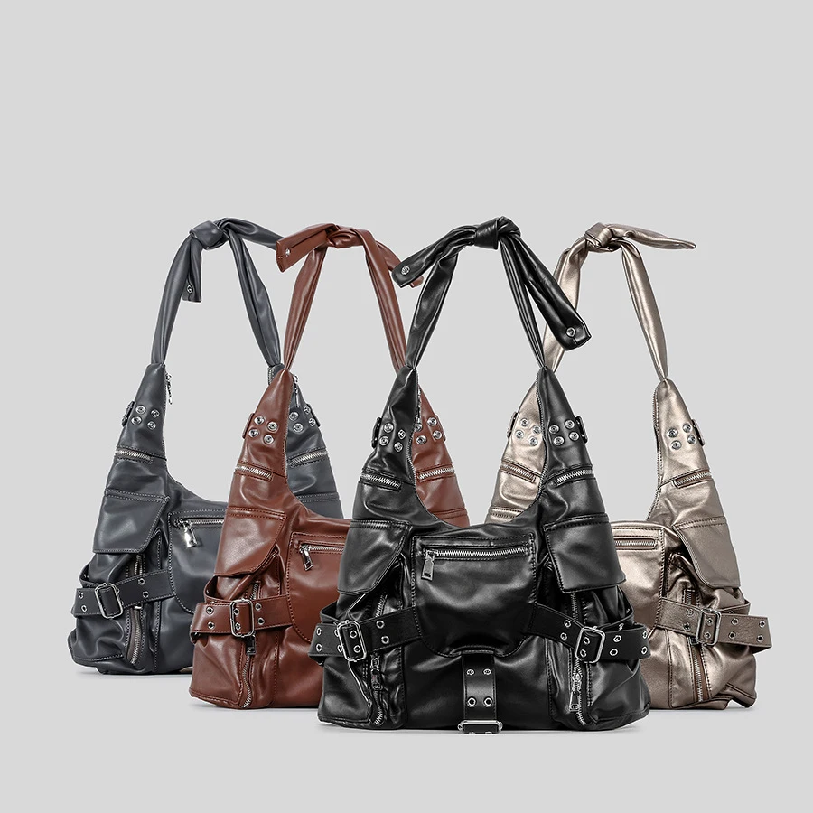 vintage Multiple pockets denim women shoulder bags punk wide strap rivet lady handbags retro Underarm Bags Female purses 2024