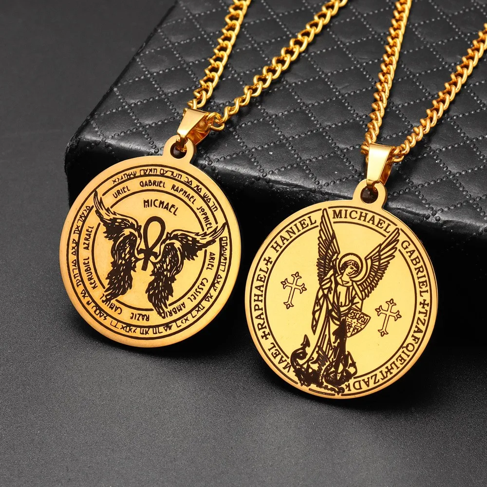 Archangel Michael Gabriel Raphael Haniel Round Pendant Necklace Vintage Stainless Steel Men Pendants Jewelry Fashion Accessories