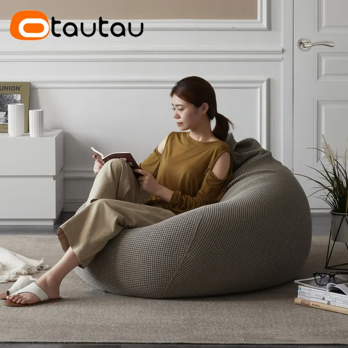 OTAUTAU 100% Pure Cotton Waffle Bean Bag Cover No Filler Beanbag Ottoman Pouf Chair Corner Seat Puff Recliner Futon DD010