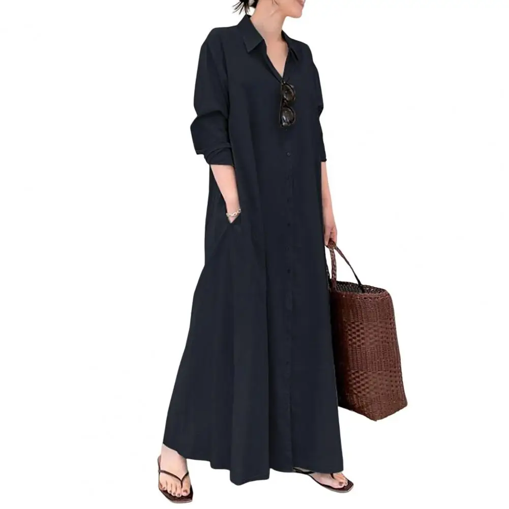 

2022 Casual Simple Boho Beach Dresses Womens Solid Color Lapel Long Sleeve Pocket Long Dress Party Oversized Loose Maxi Dress
