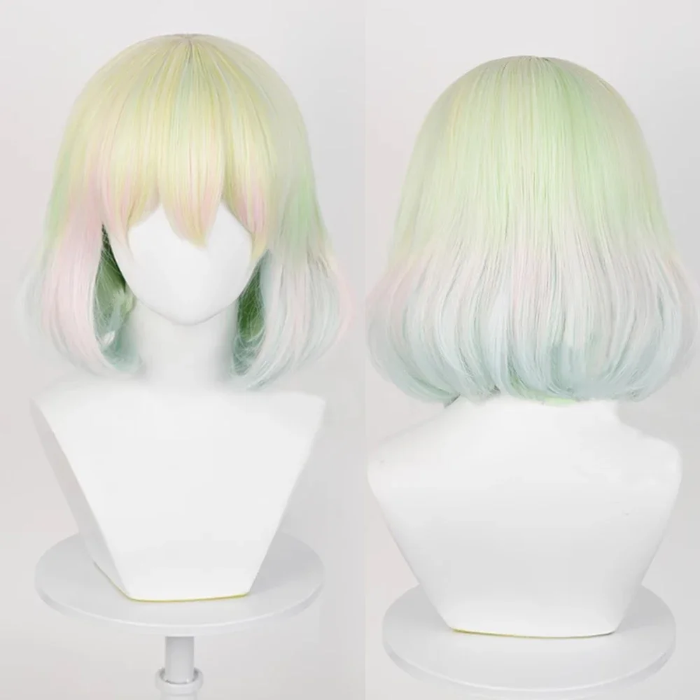 

Synthetic Short Straight Bob Colored Ombre Green Pink Rainbow Wig Anime Game Cosplay Heat Resistant Wig for Daily Party