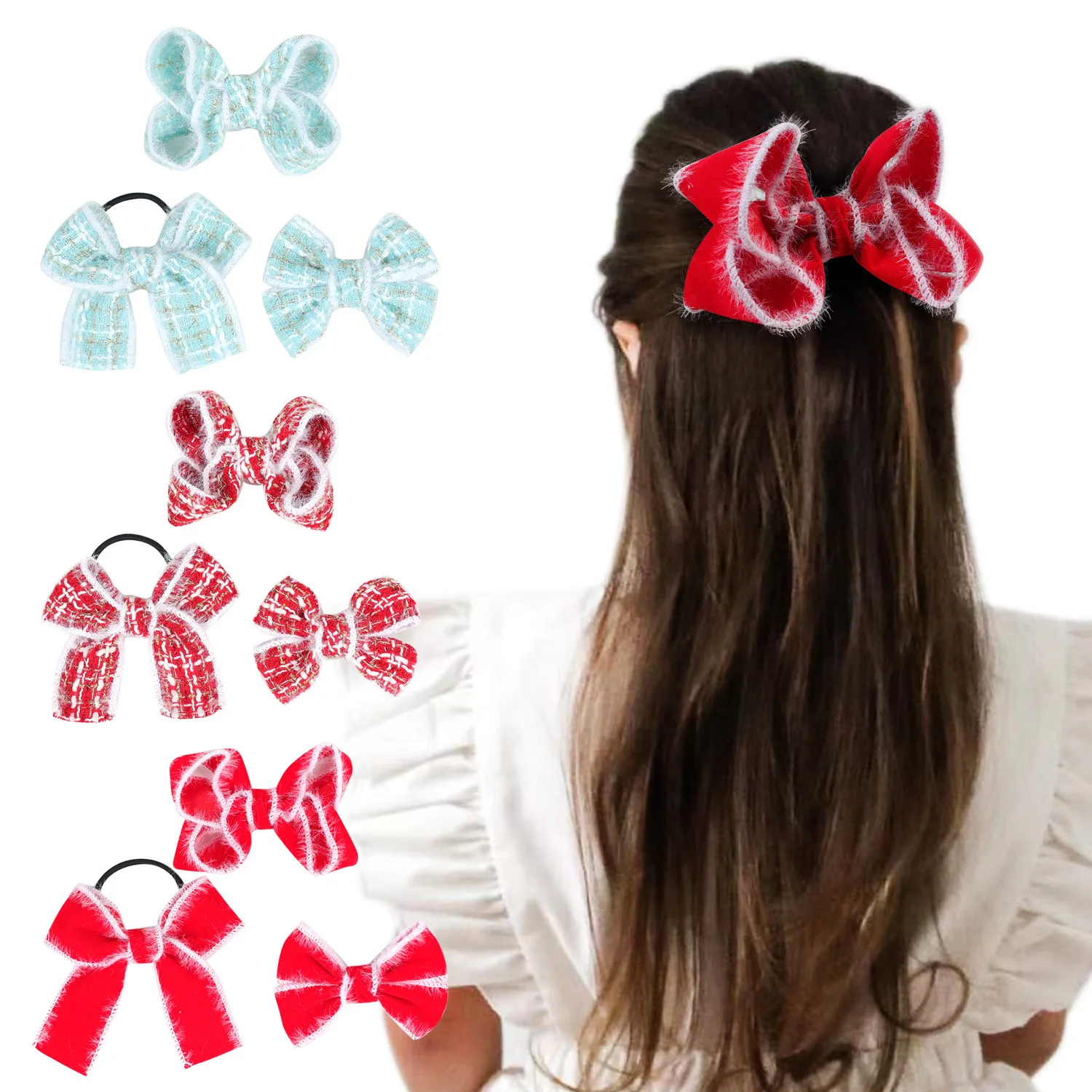 Plaid Feather Bows Baby Girl Elastic Rubber Bands Kids New Year Hair Clips Christmas Gift For Your Honey