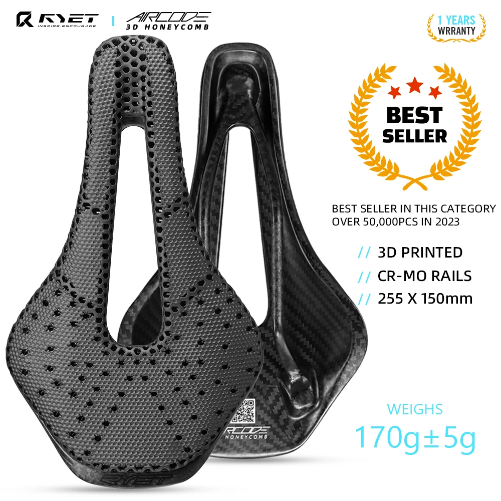 RYET 3D Printed Bike Saddle Ultralight Carbon Fiber Hollow Comfortable Breathable MTB Gravel Road Bicycle Cycling Seating Parts