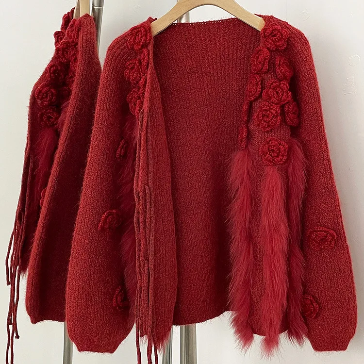 2025 automne mode coréenne décontracté 3D fleur pull vestes col en v à manches longues en vrac à lacets fourrure épissé tricoté Cardigan femmes