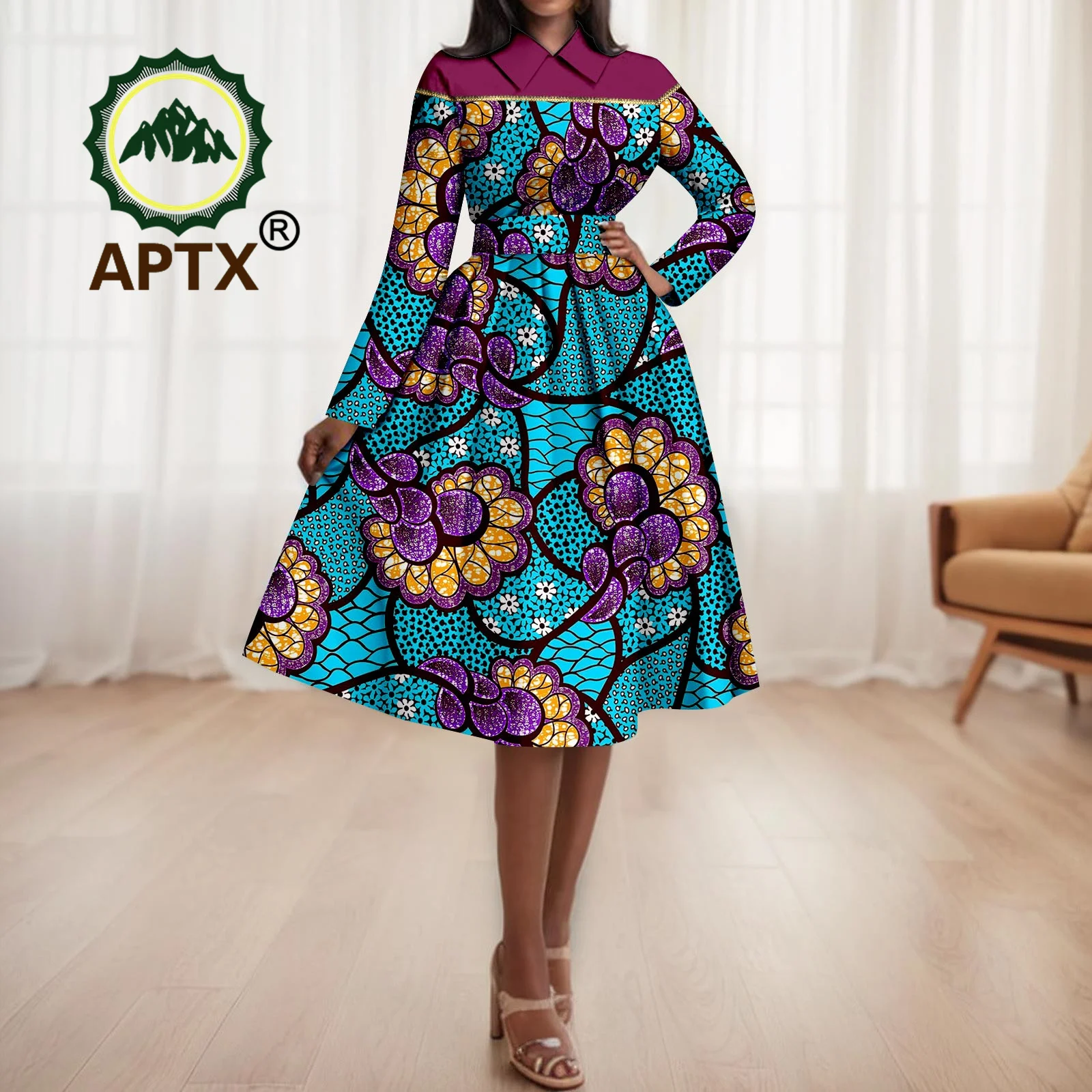 African Women's Dresses Ankara Shirt Neck Patchwork A-Line Shirt Dress with Belt Dashiki Printed Party Wedding Dresses