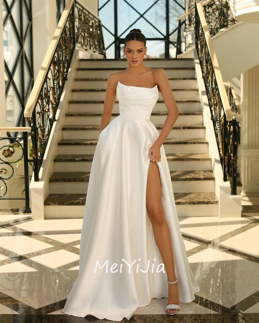 MeiYiJia Strapless Simple Backless Floor-Length Ruffle Satin A-Line Saudi Arabia Sexy Evening Birthday Club Outfits Summer 2024