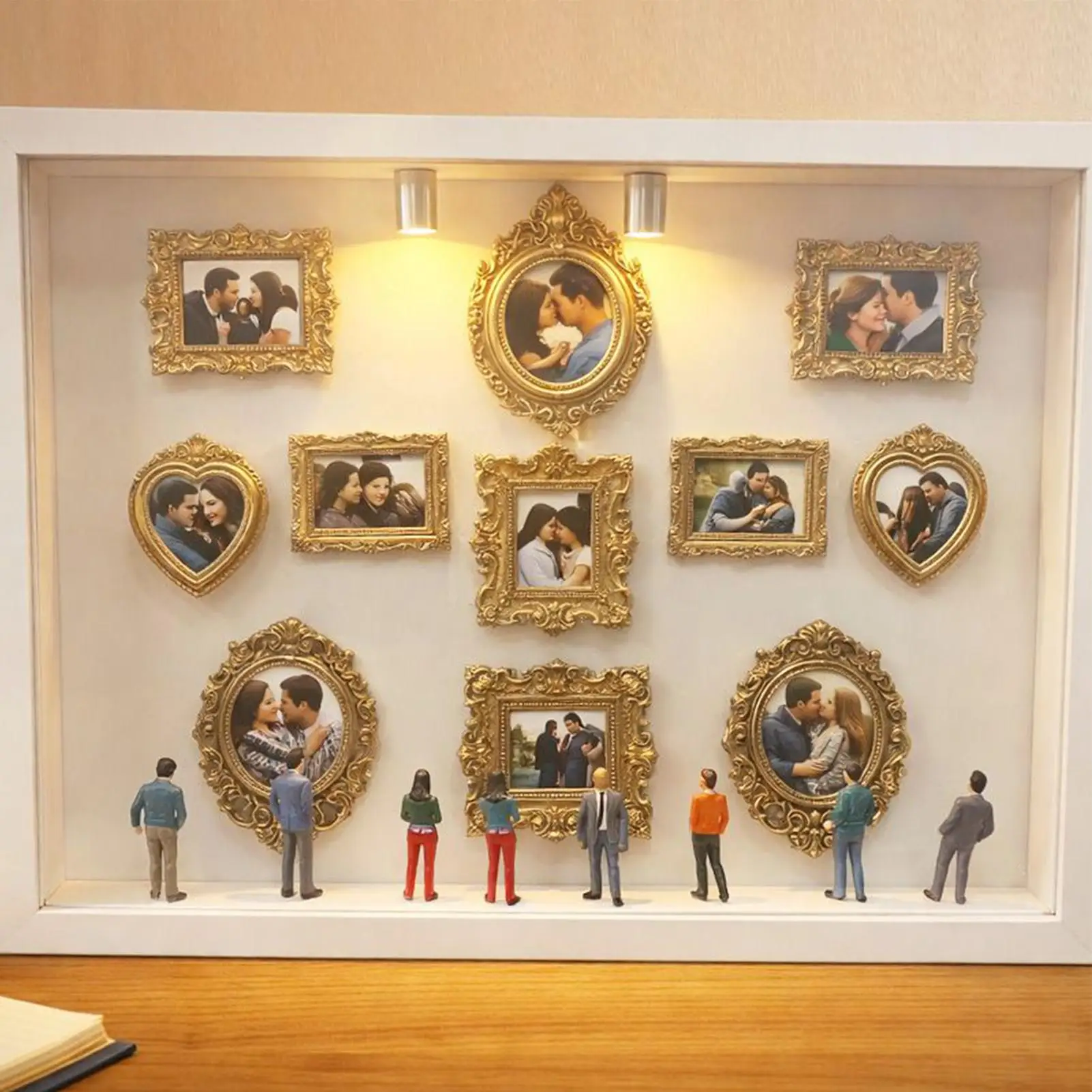 11 Pieces Miniature Desk Photo Frame Silhouette Box Memory Photo Case with LED Light with 8 Figurines for Tabletop Valentine's