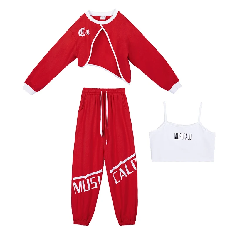 2023 Jazz Dance Costumes For Girls Red Crop Tops Loose Pants Suit Children Clothing Ballroom Hip Hop Dance Rave Clothes DQL8757