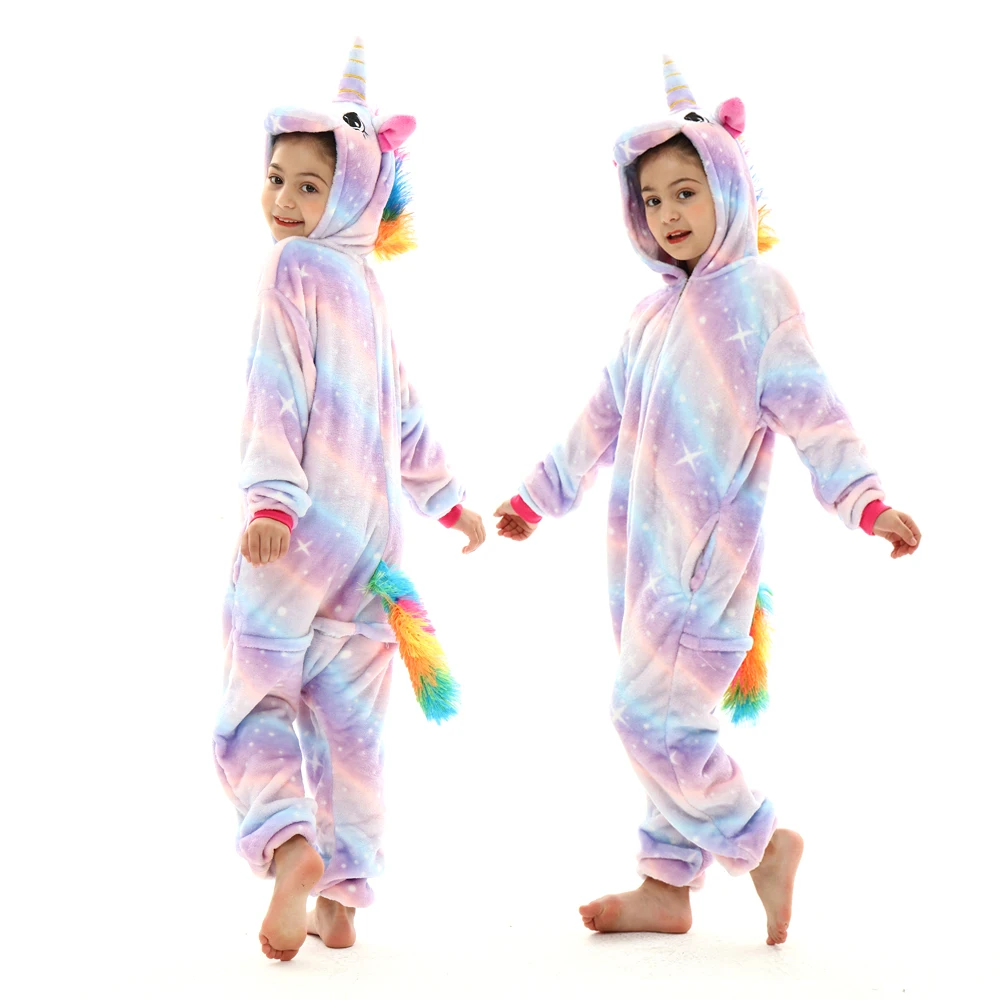 Flannel Winter Warm Rainbow Unicorn Kigurumi Pajamas Girls Sleepwear One Piece Hooded Jumpsuits Cosplay Costume Kids Onesies