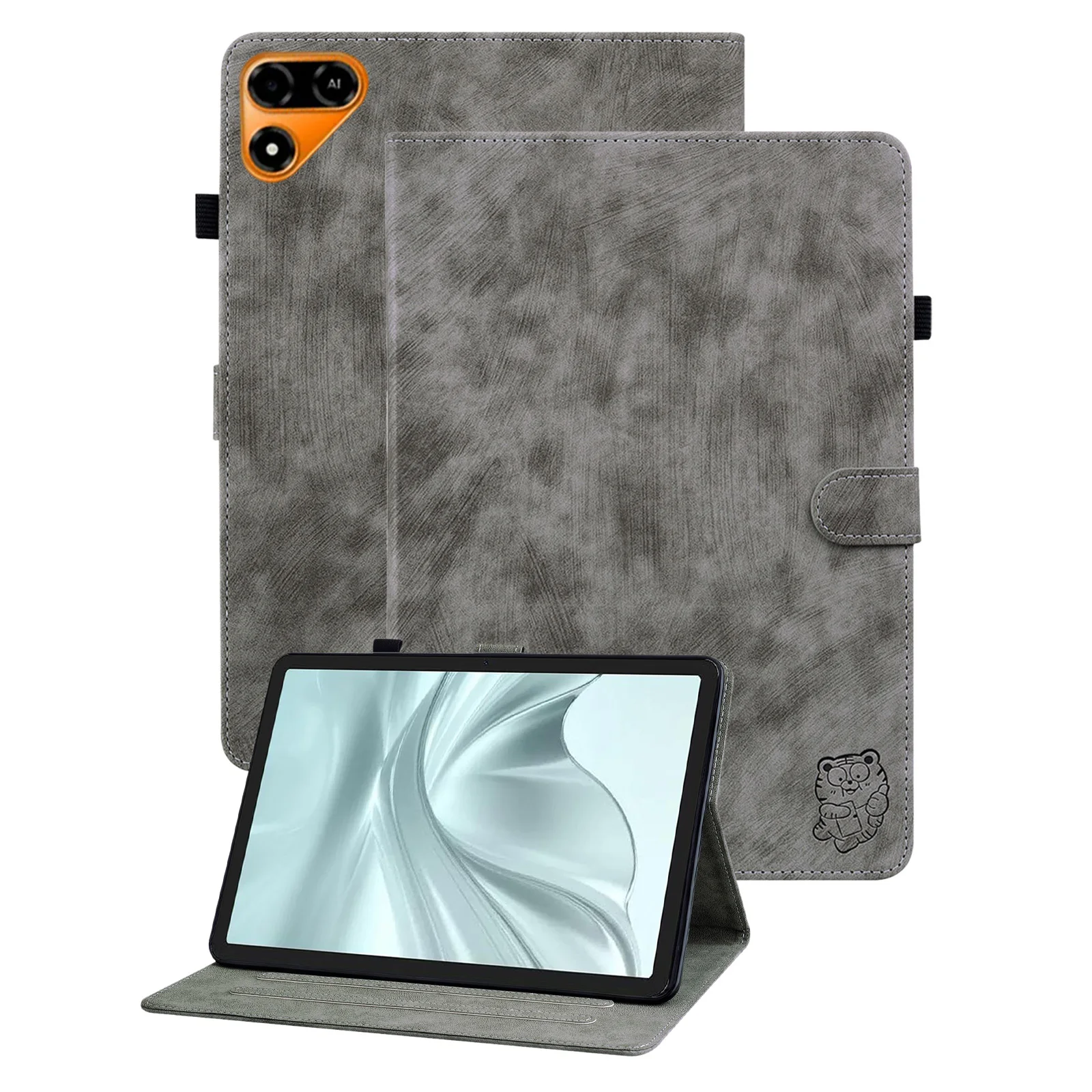 For TECNO Megapad 2 Case Tiger Imprint Anti-Scratch PU Leather Tablet Cover - Grey