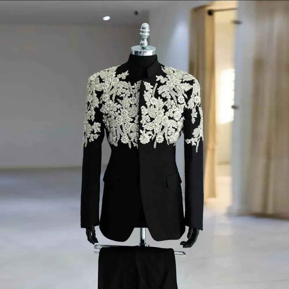 Luxury Groom Wedding Suits Rhinestone Beaded Embroidered Prom Blazers Man Formal Party 2-Piece Men's Tuxedos Skinny Customized