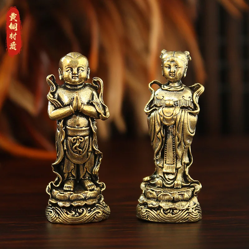 Brass Golden Jade Figurines Home Living Room, Shencai Boy and Dragon Girl for Office Tea Table, Antique Bronze