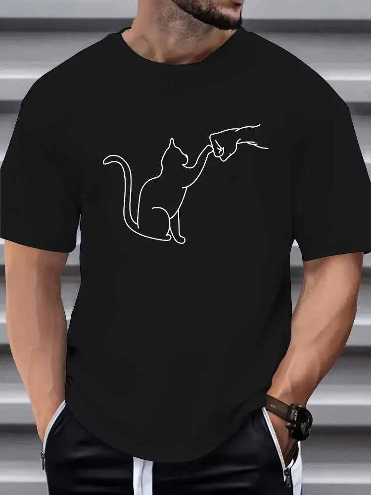 Men's Summer 100 Cotton Fashionable Casual Loose Large Size T-shirt with Cat Punch Pattern Printed Round Neck Short Sleeve Top
