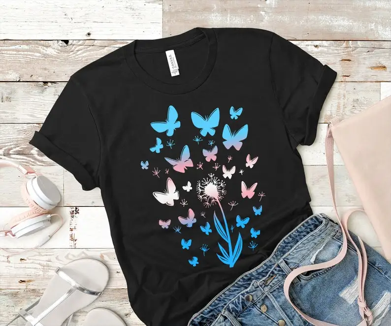 

Transgender Pride Shirt Subtle Trans Flag Dandelion Butterfly Unisex Short Sleeve Top Tees O Neck Streetwear harajuku 100%Cotton