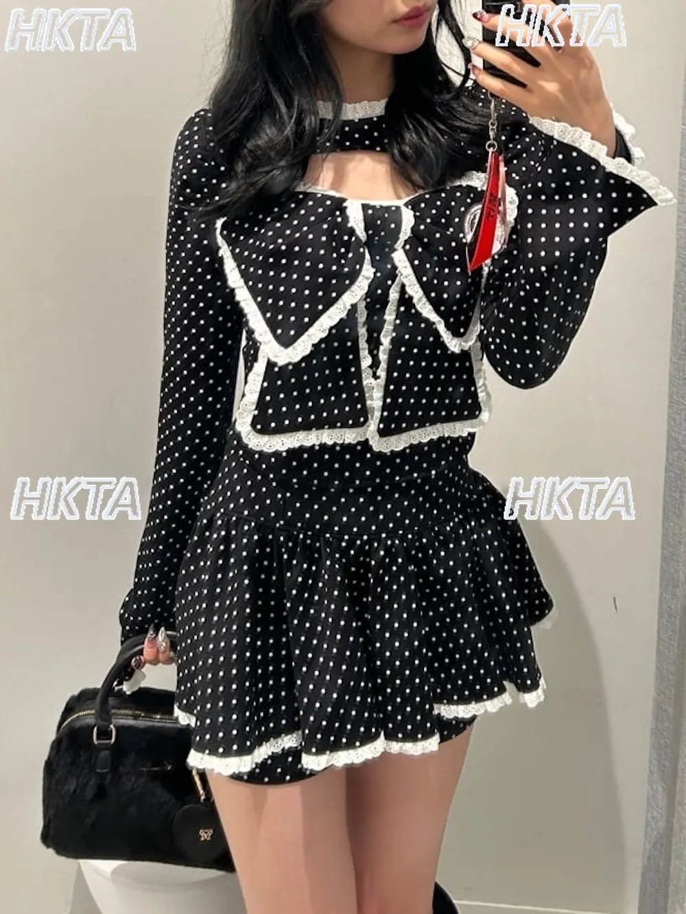 

Japanese Sweet Big Butterfly Lolita Suspender Cutout Sexy Slim Top High Waist Lace Stitching Short Skirt Two Pieces Suit Women