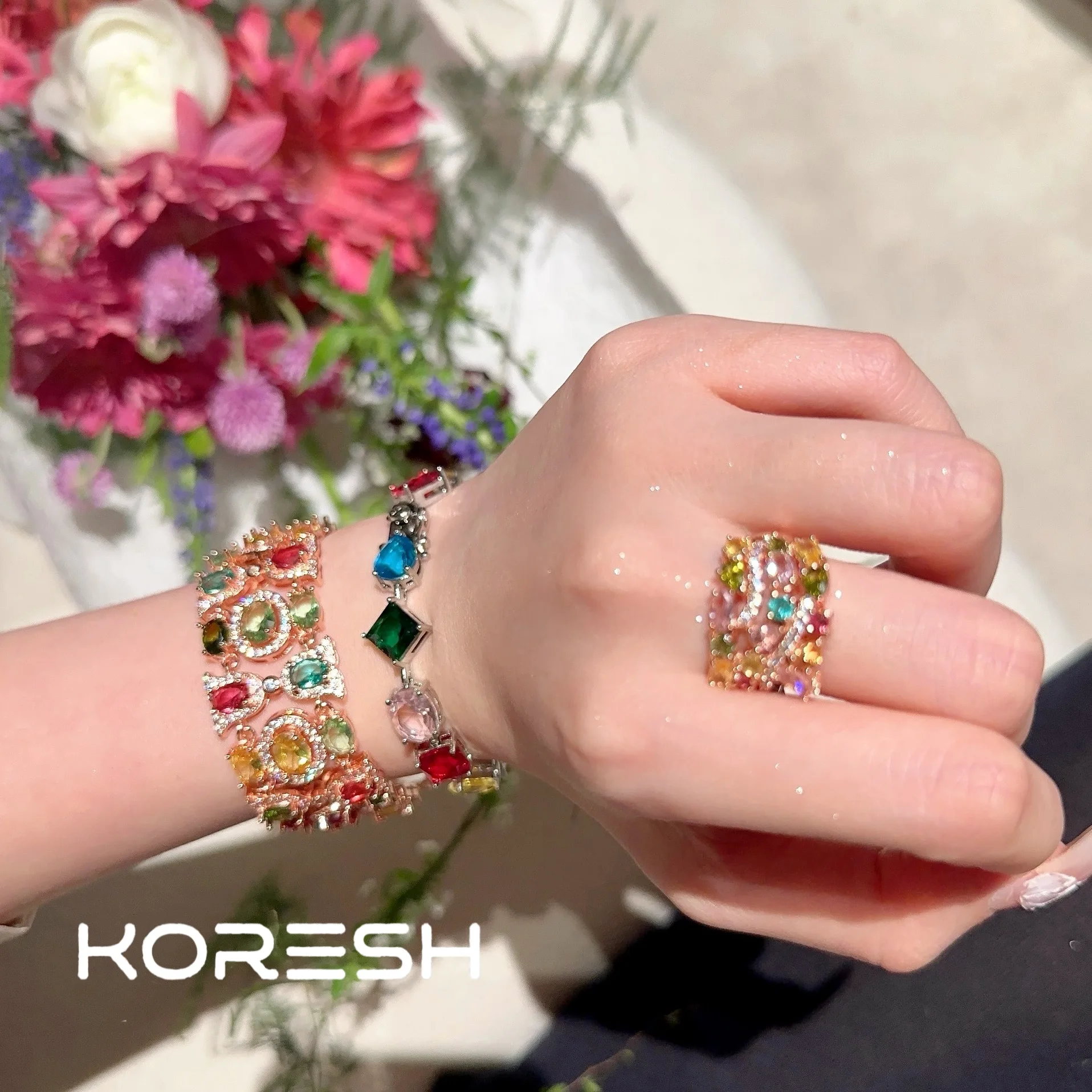 Women Austrian Rainbow Gem Bracelet Fantasy Bubble Plated 18K Gold Margaret Colored Gem Zircon Ring