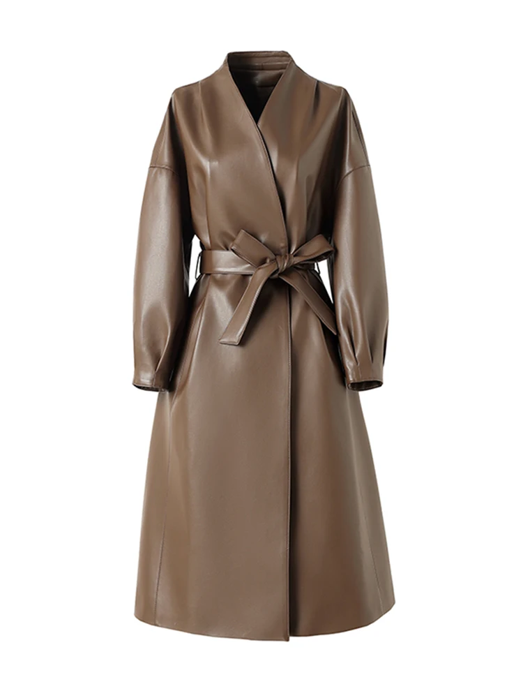 Ele レディース ミディアム丈レザージャケット ベルト付き 高級シープスキンコート 秋と冬用 ファッショナブルな通勤スタイル