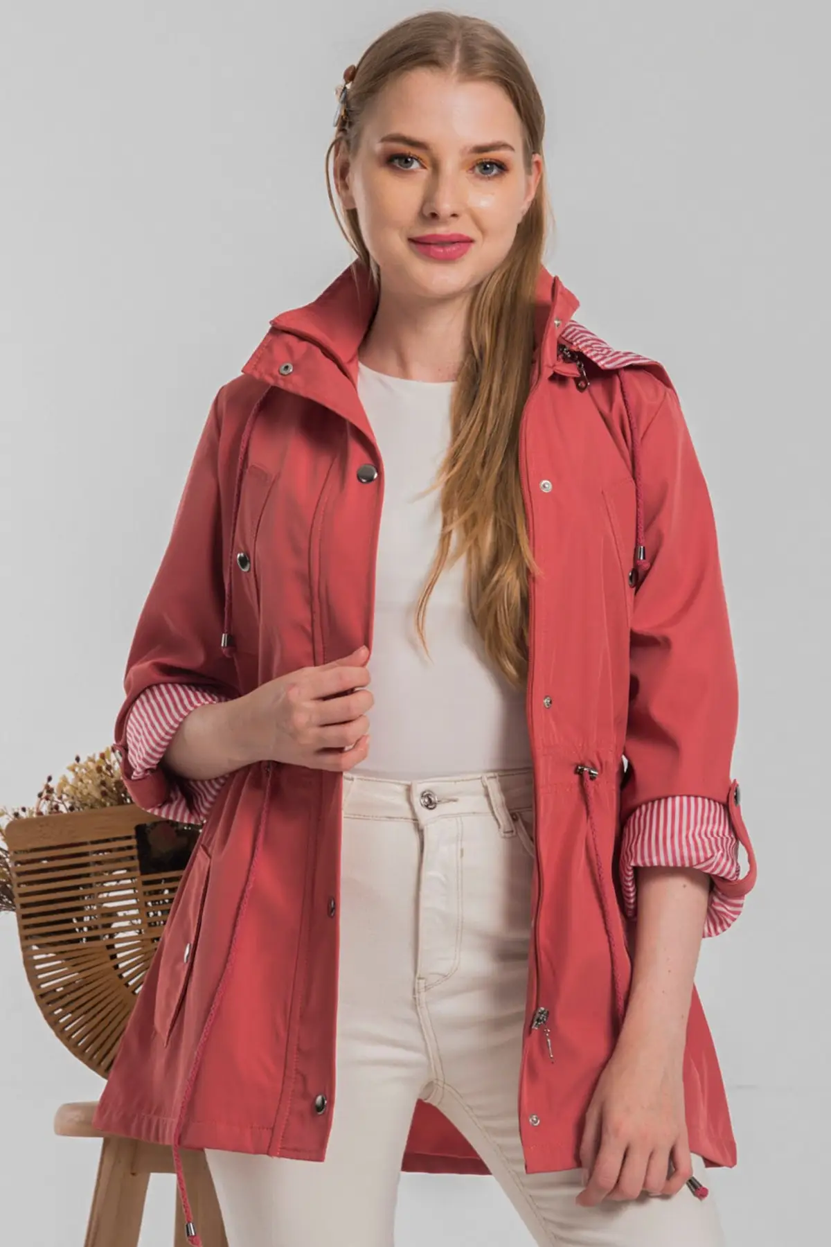 Women's Coral Short Waist Lace-up Hooded Lined Water Repellent Ultra Light Trench Coat Autumn Clothing Cotton Casual Jacket